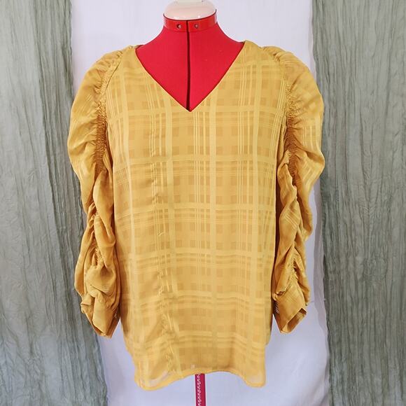 Calvin Klein Yellow lined Puffy Sleeves V Neck Blouse Size M - Picture 1 of 4